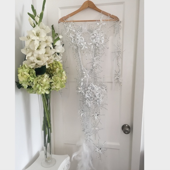 WHITE ANGEL DRESS HAND BEADED FEATHER COUTURE GOWN - Picture 2 of 16